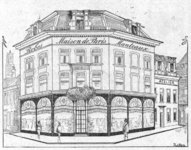 712768 Advertentie van dameskledingzaak Maison de Paris, [Pausdam 4] te Utrecht, met een tekening van het winkelpand.